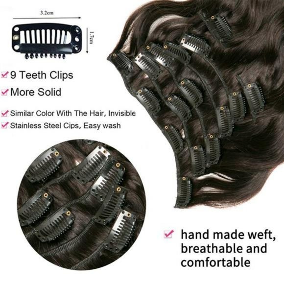 💥Body Wave Clip In Hair Extensions Real Human Hair 1 Set 7 Piece clip ins 100% - Picture 5 of 7
